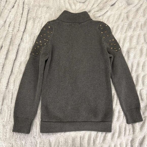 Ruff Hewn Sweater Jacket Women M Gray Studded Cotton Zip Up Ribbed Mock Neck - Picture 2 of 6